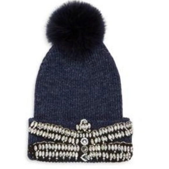 NWOT Pello Bello Embellished Gem Pom-pom Beanie In Blue